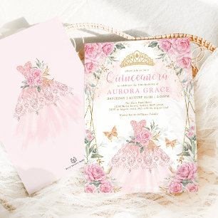 Pretty Pink Gold Roses Princess Dress Quinceañera Invitation
