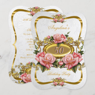 Pretty Pink Gold Roses White 50th Birthday Party Invitation