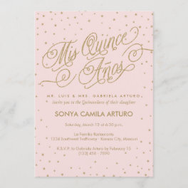 Pretty Pink & Gold Stars Quinceañera 15th Birthday Invitation