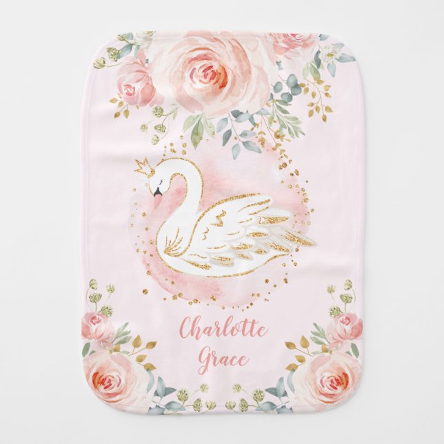 Pretty pink gold swan princess baby baby burp cloth (Front)