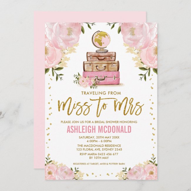 Pretty Pink Gold Travel Adventure Bridal Shower Invitation
