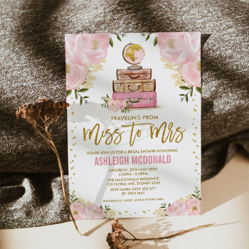 Pretty Pink Gold Travel Adventure Bridal Shower Invitation by BlueBunnyStudio at Zazzle