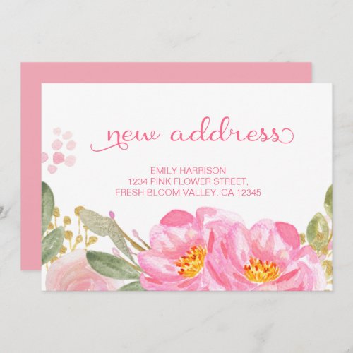 Pretty Pink Gold Watercolor Floral New Address Announcement