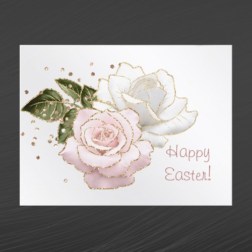 Pretty Pink Gold White Roses Floral Easter Holiday Postcard