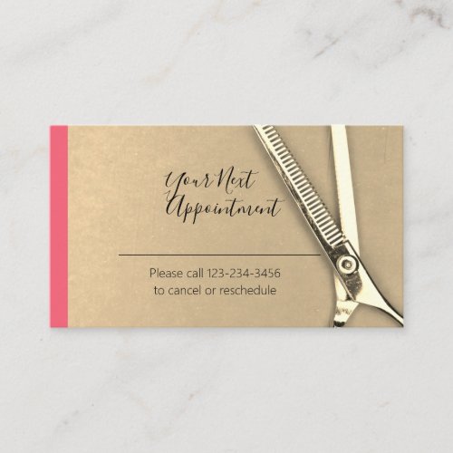 Pretty Pink Golden Scissor Appointment Reminder Business Card