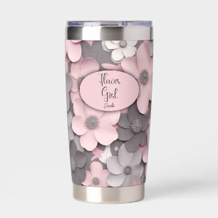 Pretty Pink-Gray 3D Poppies Flower Girl Insulated Tumbler