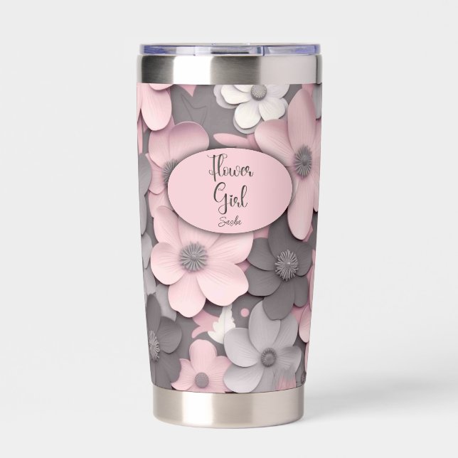 Pretty Pink-Gray 3D Poppies Flower Girl Insulated Tumbler (Front)