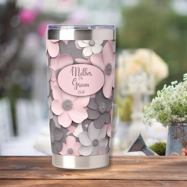 Pretty Pink-Gray 3D Poppies Mother of the Groom Insulated Tumbler (Creator Uploaded)