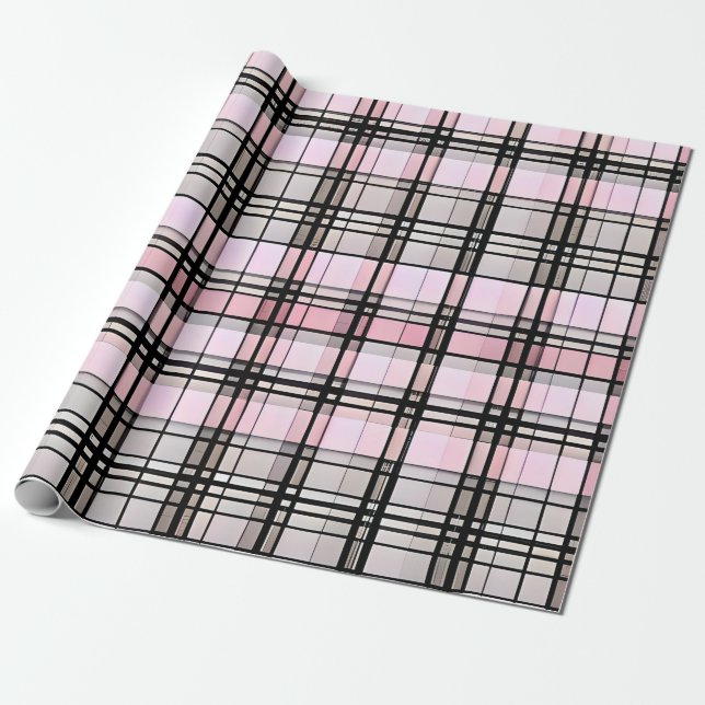 Pretty Pink, Gray and Black Plaid Gift Wrap (Unrolled)