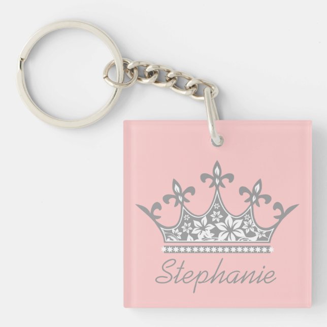 Pretty Pink & Gray Crown Custom Key Chain (Front)