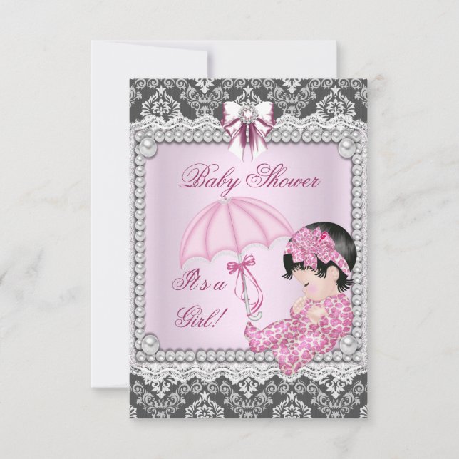 Pretty Pink Gray Girl Baby Shower Damask Invitation (Front)