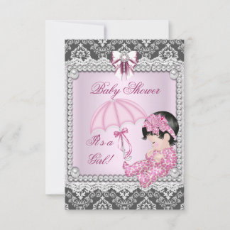 Pretty Pink Gray Girl Baby Shower Damask Invitation