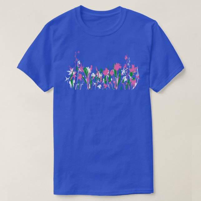 Pretty Pink Green and White Garden Wildflowers T-Shirt (Design Front)