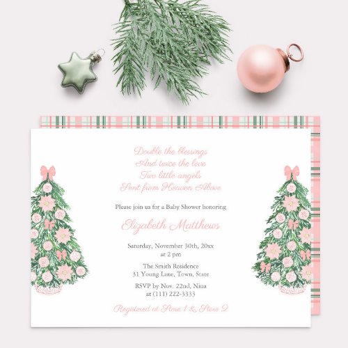 Pretty Pink Green Christmas Twin Girls Baby Shower Invitation