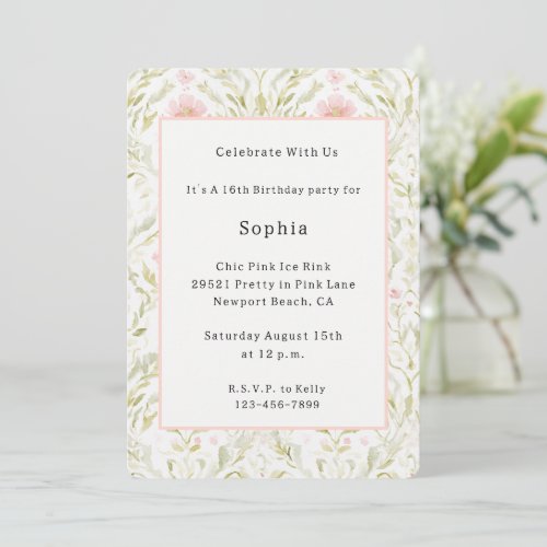 Pretty Pink Green Floral Birthday   Invitation