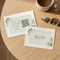 Pretty Pink green Floral Wedding RSVP QR Code