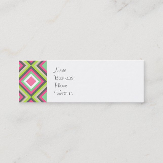 Pretty Pink Green Gray Diamonds Square Pattern Mini Business Card (Front)