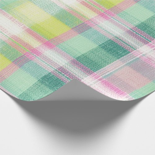 Pretty Pink Green Plaid Faux Woven Texture Look Wrapping Paper