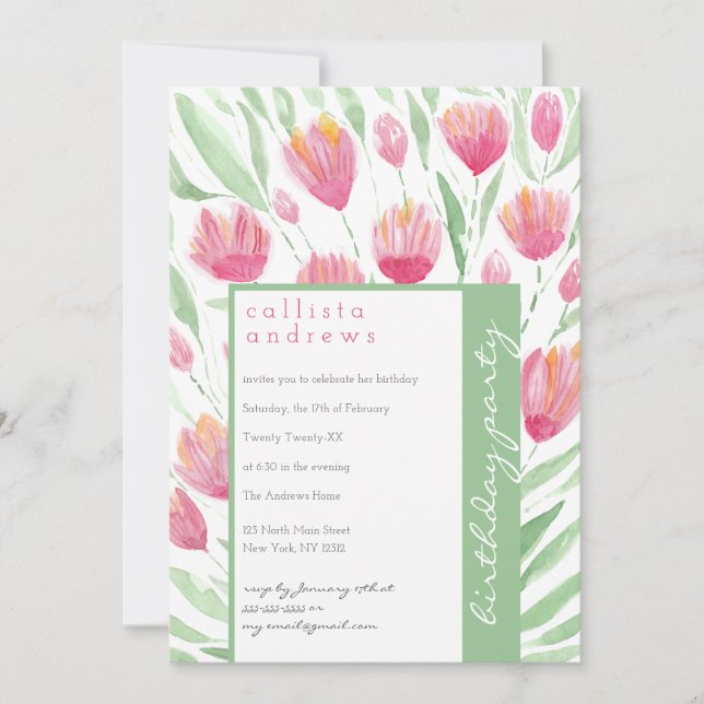 Pretty Pink Green Tulip Floral Watercolor Birthday Invitation (Front)