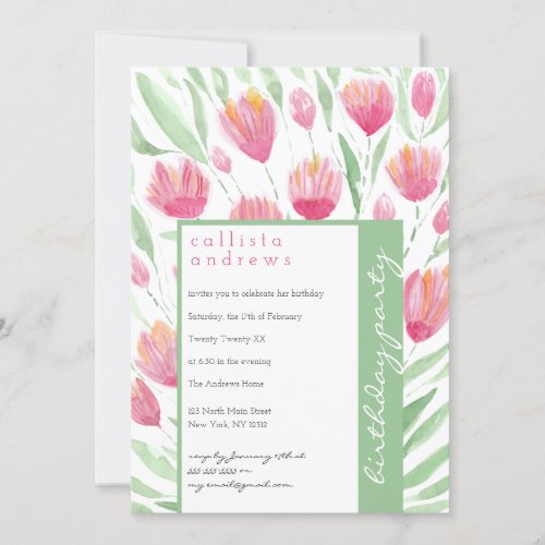 Pretty Pink Green Tulip Floral Watercolor Birthday Invitation