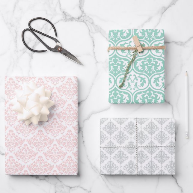 Pretty Pink Grey Green Girly Damask Print Custom Wrapping Paper Sheets (Front)