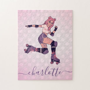Pretty Pink Hair Girl Rollerblading Skater Name Jigsaw Puzzle