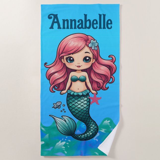 Pretty Pink-haired Mermaid Personalize Beach Towel (Front)