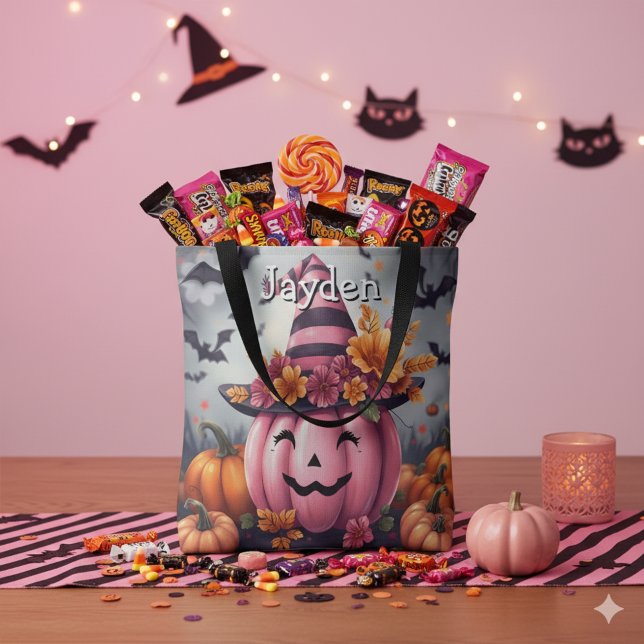 Pretty Pink Halloween Pumpkin Personalized Tote Bag (Creator Uploaded)