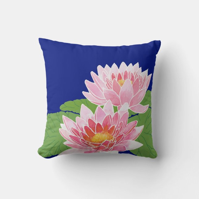 Pretty Pink Hand-painted Water Lilies on Blue Throw Pillow (Front)