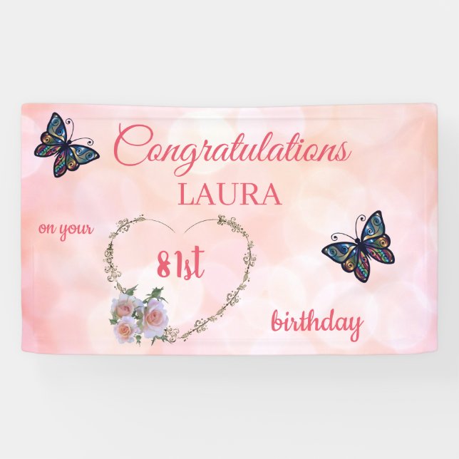 Pretty Pink Happy 81st Birthday Banner (Horizontal)