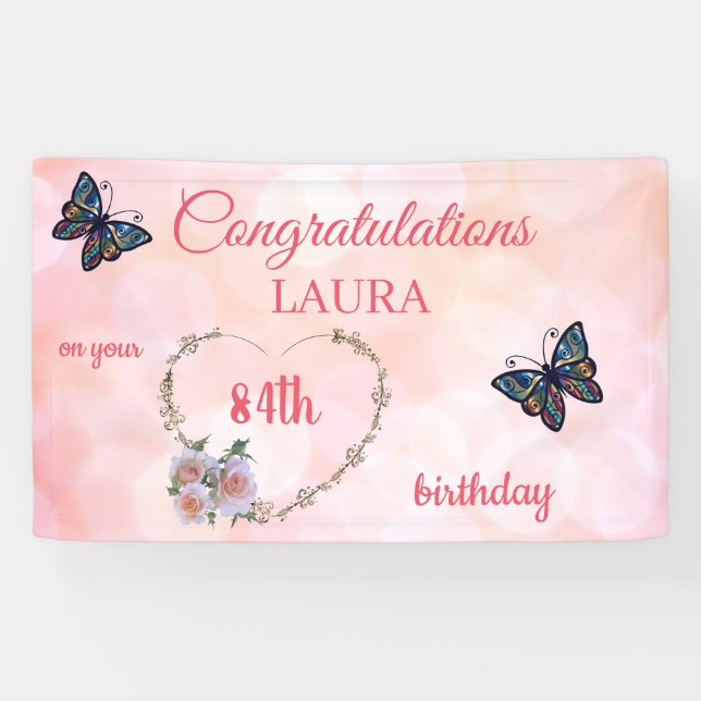 Pretty Pink Happy 84th Birthday Banner (Horizontal)