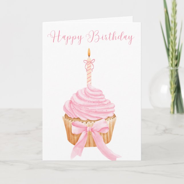 Pretty pink Happy Birthday Cupcake Birthday Card (Front)