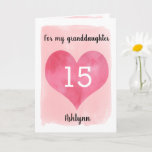 Pretty Pink Heart 15th Birthday Granddaughter Card<br><div class="desc">A pink 15th birthday daughter card, which features a watercolor heart against pink watercolor. You can personalize the heart with the age you need and add her name underneath the heart. The inside message can be easily edited if wanted. The back of the card has a narrower version of the...</div>