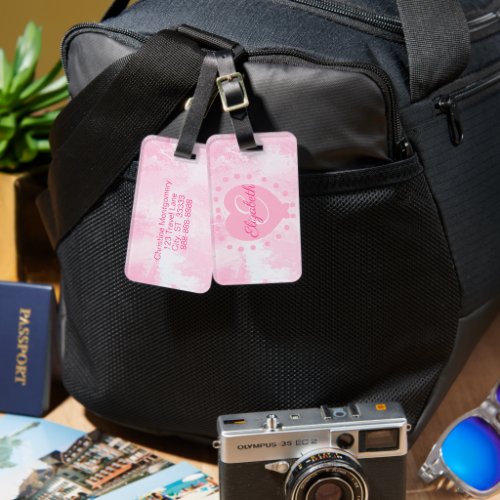 Pretty Pink Heart Custom Name Monogram Initial Luggage Tag