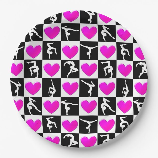 PRETTY PINK HEART GYMNASTICS DESIGN PAPER PLATES (Front)