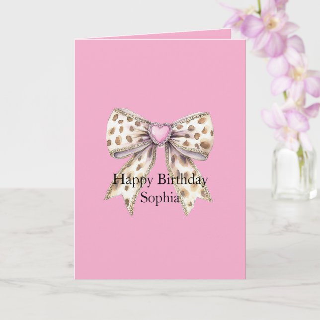 Pretty Pink Heart Leopard Girly Bow Birthday Card (Orchid)