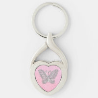 Pretty Pink Heart Shaped Silver Butterfly Keychain