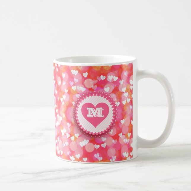 Pretty Pink Hearts Custom Text Monogram Coffee Mug (Right)
