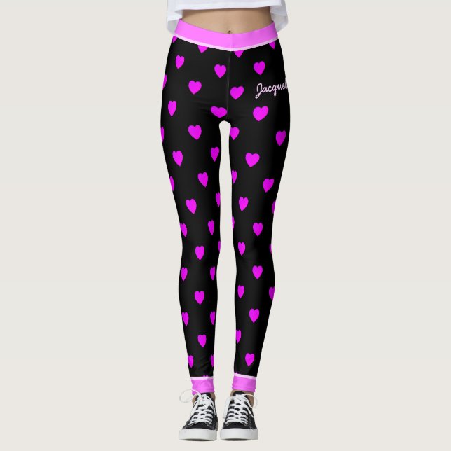 Pretty Pink Hearts on BLACK Leggings (Front)