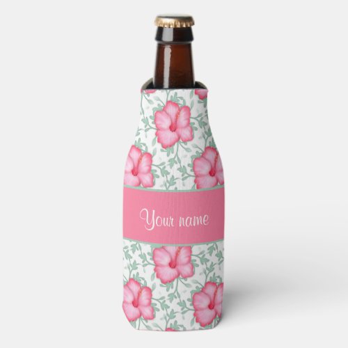 Pretty Pink Hibiscus Flowers Bottle Cooler