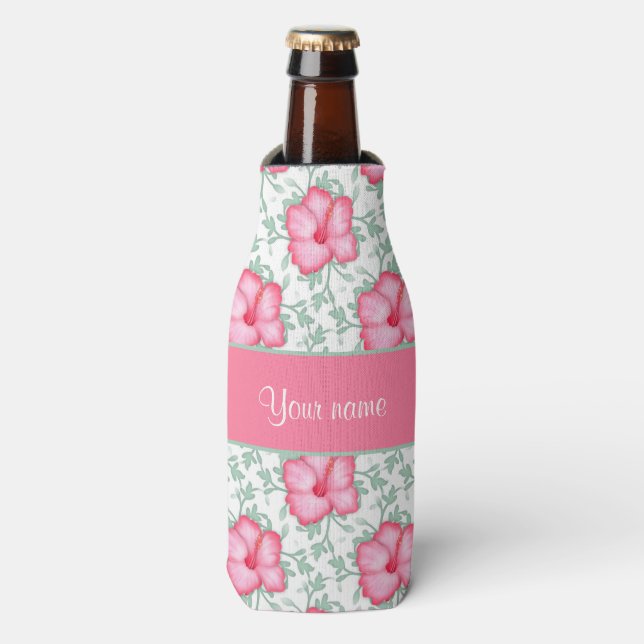 Pretty Pink Hibiscus Flowers Bottle Cooler (Bottle Front)