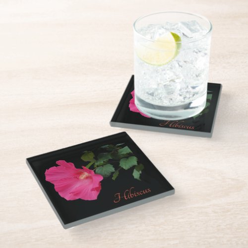 Pretty pink hibiscus on black glass coaster