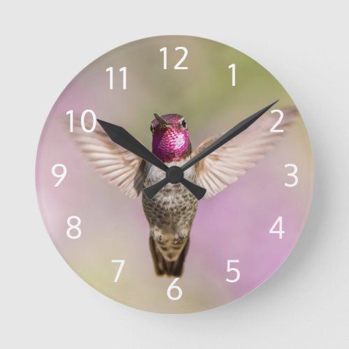 Pretty Pink Hummingbird Flying Round Clock