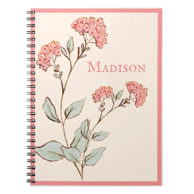 Pretty Pink Hydrangea Floral Personalized Name Notebook | Zazzle