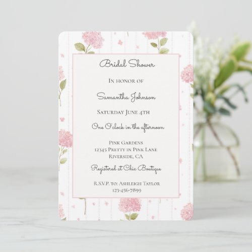 Pretty Pink Hydrangea Flowers Bridal Shower Invitation