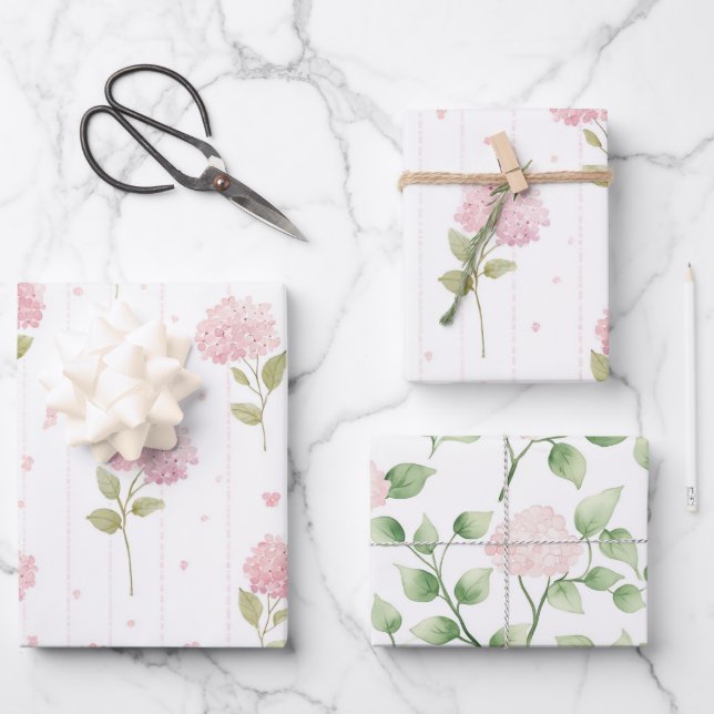 Pretty Pink Hydrangea Flowers Bridal Shower Wrapping Paper Sheets (Front)