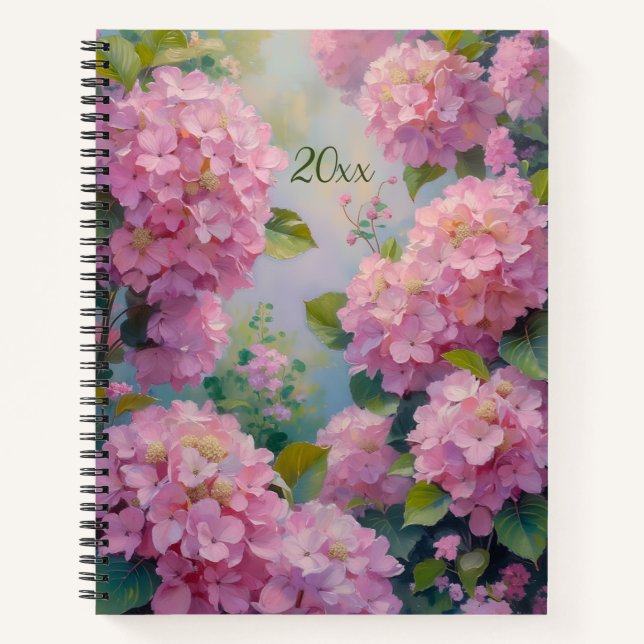 Pretty Pink Hydrangeas Oil Painting Style Diary or Notebook (Front)