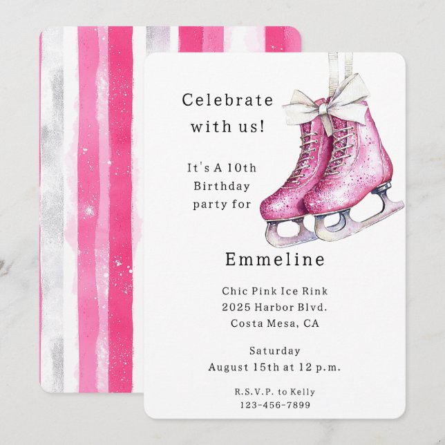 Pretty Pink Ice Skates Birthday Invitation (Front/Back)