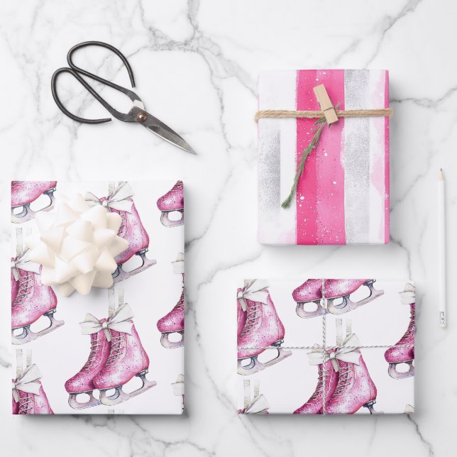 Pretty Pink Ice Skates Birthday Wrapping Paper Sheets (Front)