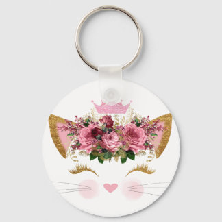 Pretty Pink Kitty Floral Pink Crown Keychain
